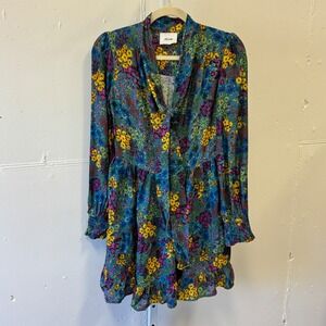 Dixie Teal Floral Tie Neck Tiered Ruffle Mini Dress Long Sleeve‎ Smocked Cuffs